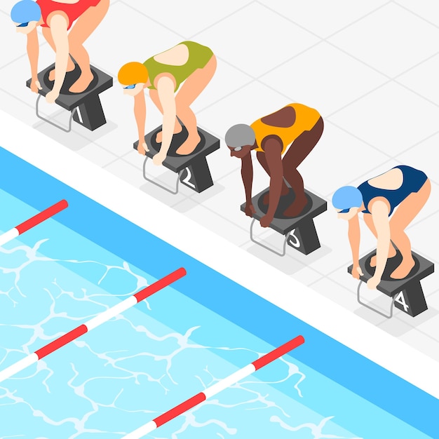 Fondo isométrico del día olímpico internacional con vista a la piscina con personajes de nadadores en posición lista ilustración vectorial