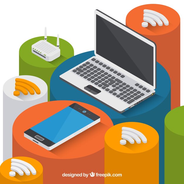 Fondo isométrico con dispositivos electrónicos y señal wifi