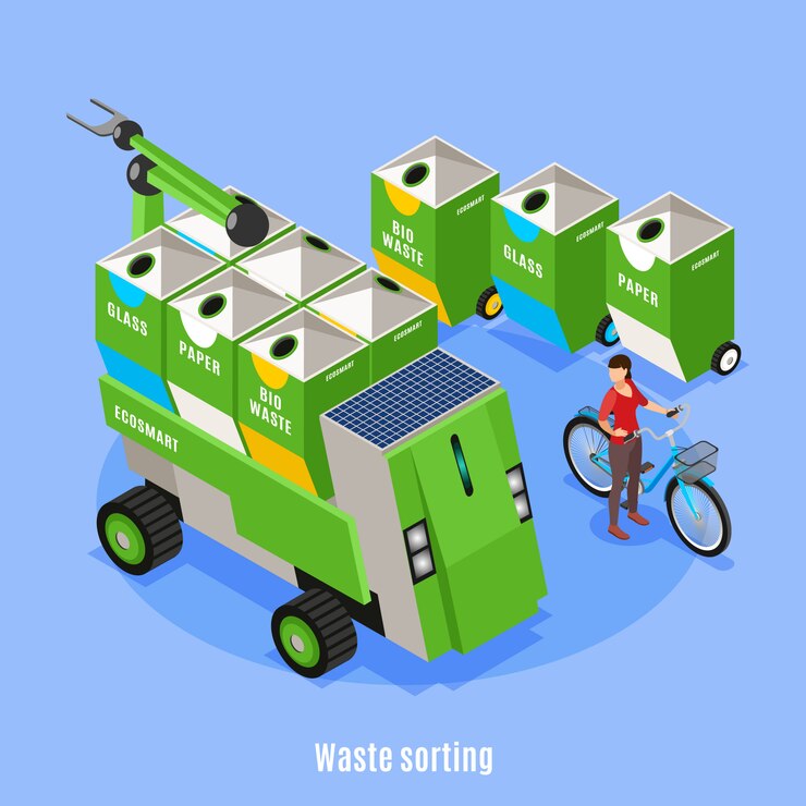 Vector gratuito fondo isométrico de ecología urbana inteligente con imágenes de contenedores para la clasificación de residuos y el vehículo de recogida de basuras