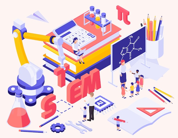 Fondo isométrico de educación STEM con calculadora de artículos de papelería, juguetes creativos y pequeños personajes de niños y maestros cerca de la pizarra