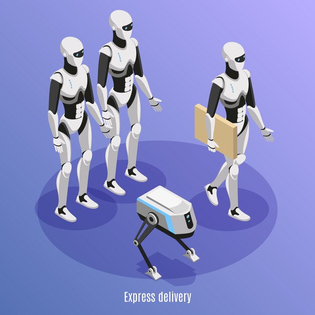 Fondo isométrico de entrega urgente con diferentes tipos de robots posteriores que realizan funciones de paquetes llevan ilustración