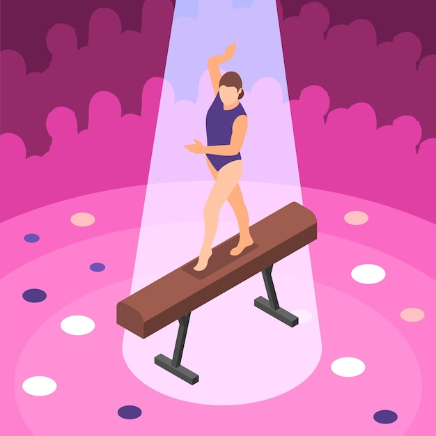 Vector gratuito fondo isométrico de gimnasia con composición de siluetas de audiencia y atleta femenina bailando en buck bajo ilustración de vector de foco
