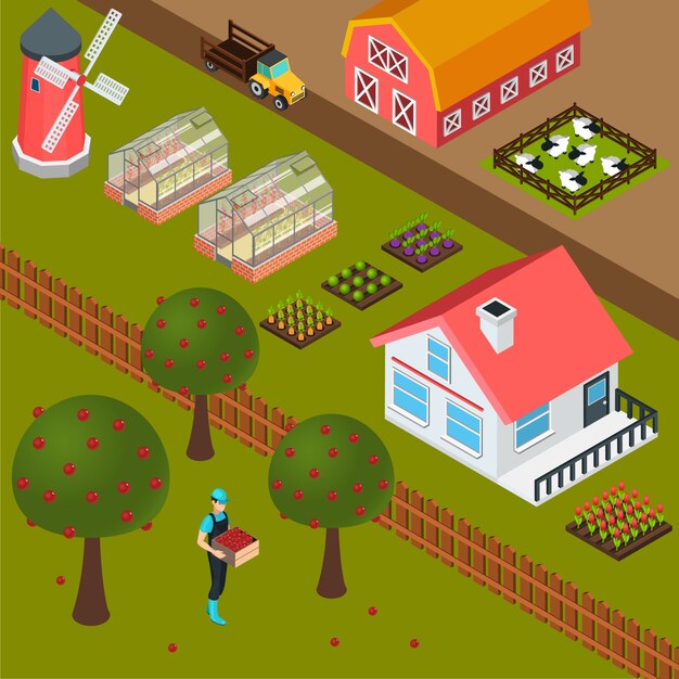 Fondo isométrico de granja