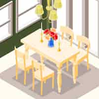 Vector gratuito fondo isométrico interior antiguo con vista interior de mesa de comedor con sillas de madera velas y flores ilustración vectorial