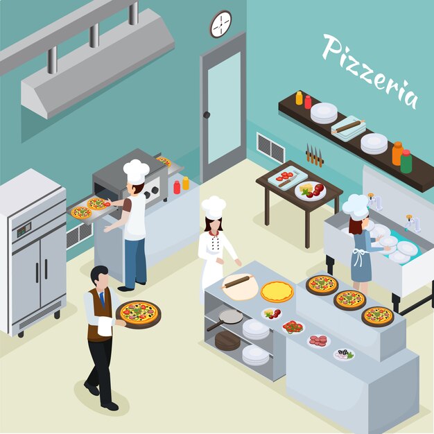 Fondo isométrico interior de cocina profesional