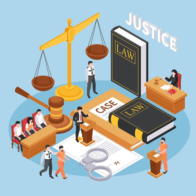 Fondo isométrico de justicia con juez martillo justicia escalas esposas ley código libro iconos vector ilustración