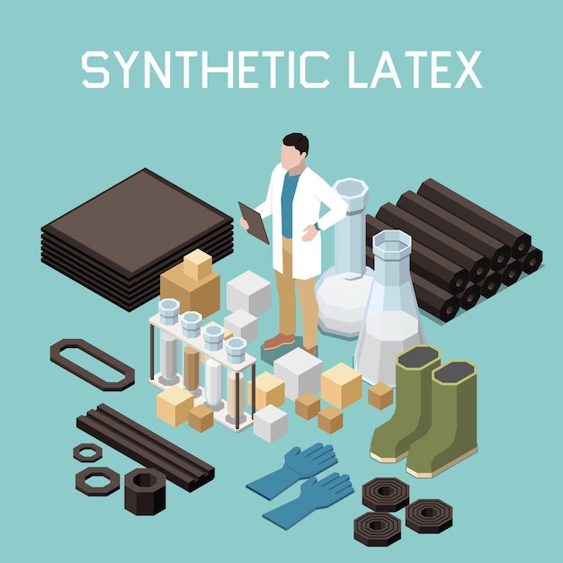 Fondo isométrico de látex sintético con elementos de equipo de laboratorio químico y productos terminados ilustración vectorial