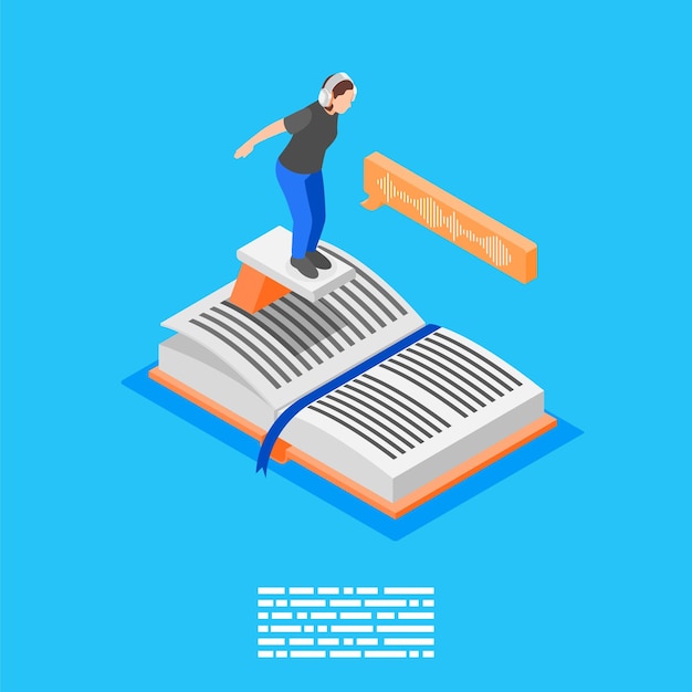 Fondo isométrico de libros de audio con composición de personaje femenino en trampolín en la parte superior de la ilustración de vector de libro abierto