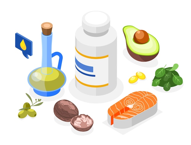 Fondo isométrico omega 3 con aguacate de nuez de salmón y otros productos ricos en aceite ilustración vectorial