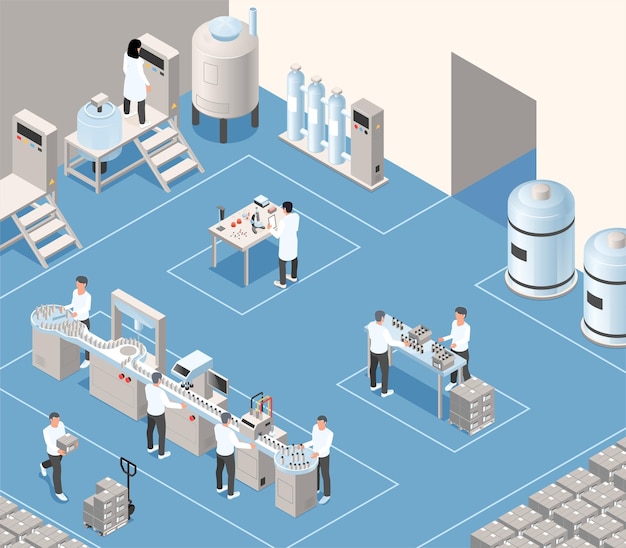 Fondo isométrico de producción de cosméticos con personal que trabaja en el llenado, tapado y paquete de ilustración de vector de producto