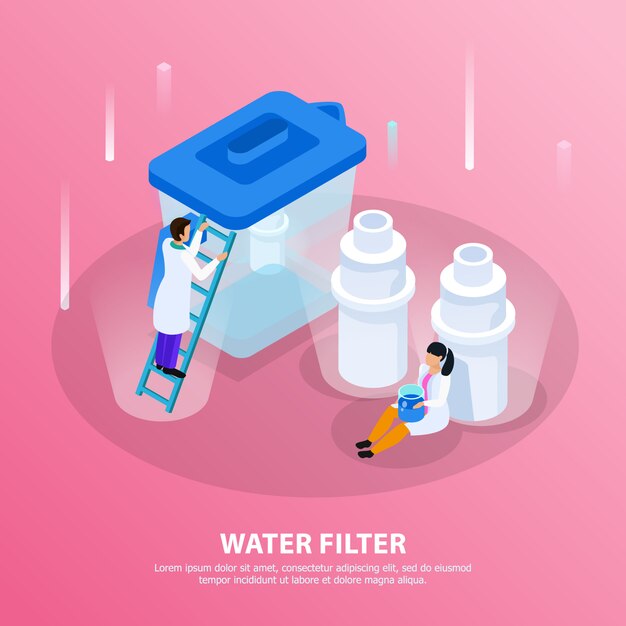 Fondo isométrico de purificación de agua con titular de filtro de agua y científicos en la ilustración de laboratorio
