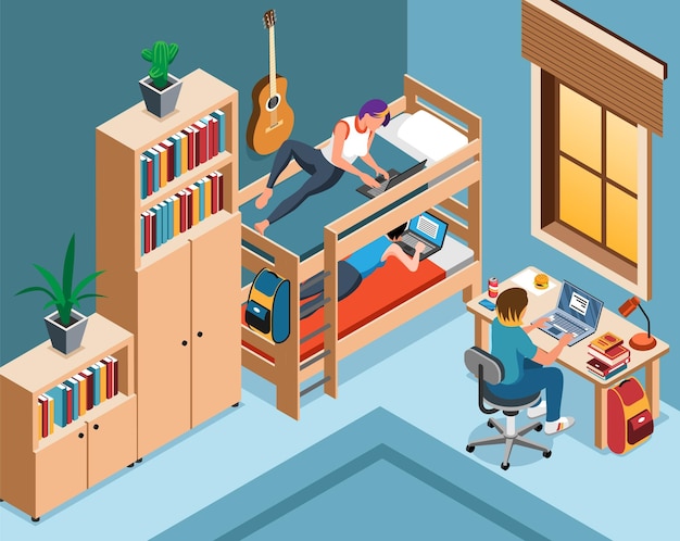 Fondo isométrico de la sala de estar del dormitorio de estudiantes con vecinos que estudian juntos en casa ilustración vectorial