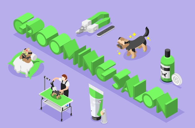 Fondo isométrico del salón de aseo con composición de recorte de texto 3d y lavado de iconos y herramientas de mascotas ilustración vectorial