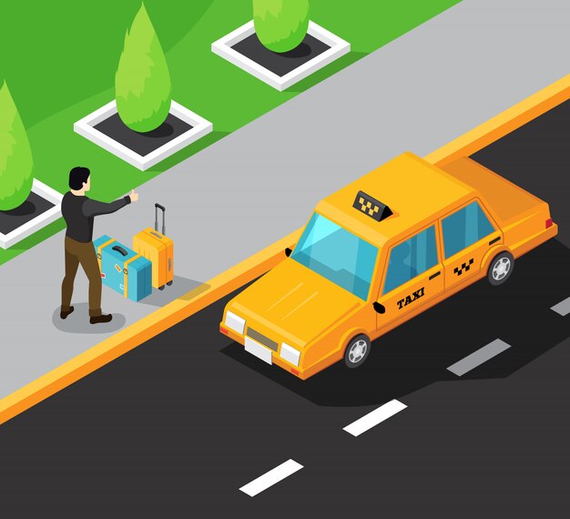 Fondo isométrico del servicio de taxi con el pasajero en la acera que detiene el movimiento del automóvil de taxi amarillo