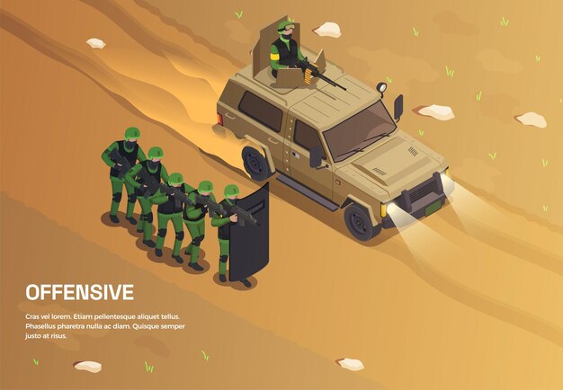 Fondo isométrico del soldado de armas del ejército con texto editable y composición al aire libre con un grupo de fuerzas especiales