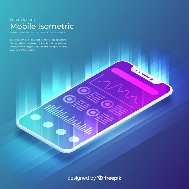 Fondo isométrico y tecnológico de teléfono móvil con estilo degradado
