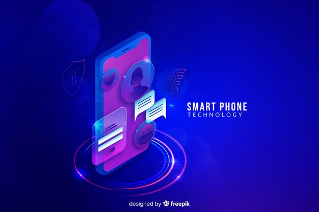 Fondo isométrico y tecnológico de teléfono móvil con estilo degradado