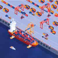 Vector gratuito fondo isométrico de la terminal de contenedores marítimos con grúas de amarre barcaza cargada con lanchas rápidas de carga tagboats 3d ilustración vectorial