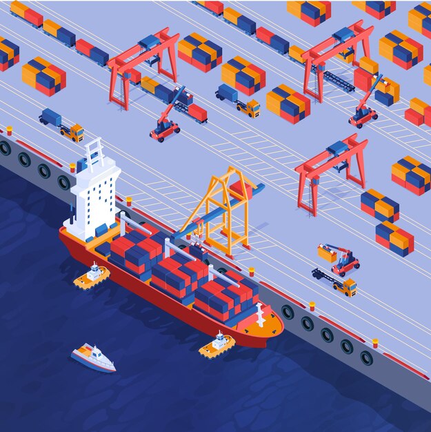 Fondo isométrico de la terminal de contenedores marítimos con grúas de amarre barcaza cargada con lanchas rápidas de carga tagboats 3d ilustración vectorial