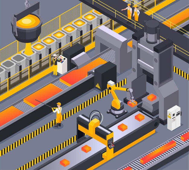 Fondo isométrico con trabajadores de fundición de acero y proceso de metalurgia 3d