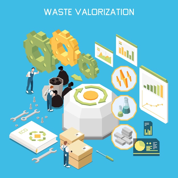 Fondo isométrico de valorización de residuos con economía circular, embalaje ecológico, tecnologías verdes, signos, ilustración vectorial.