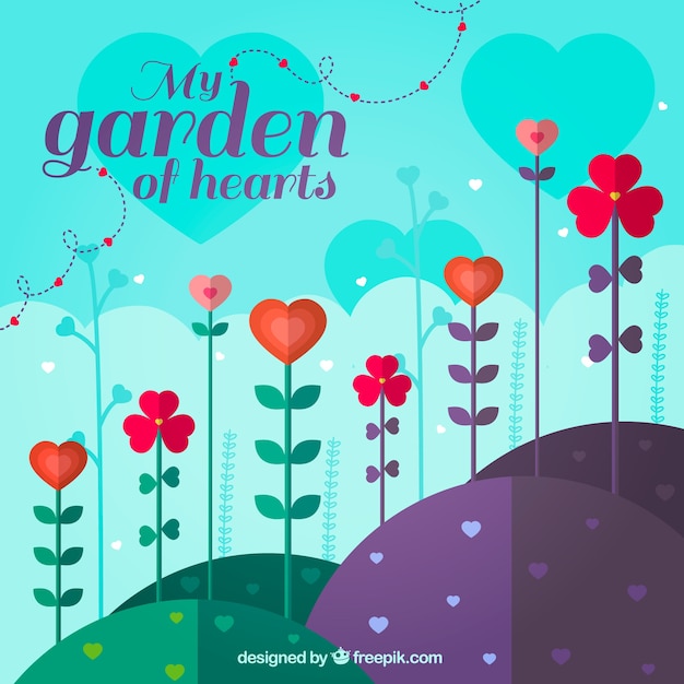 Fondo de jardín con corazones en diseño plano