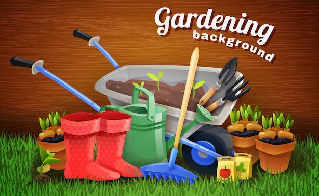 Vector gratuito fondo de jardinería colorido con herramientas de granja