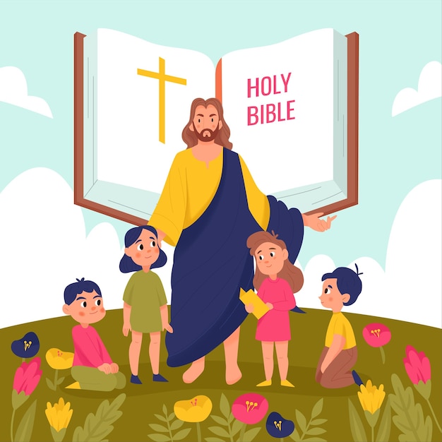 Vector gratuito fondo de jesucristo y niños con símbolos de la santa biblia ilustración vectorial plana