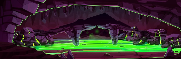 Vector gratuito fondo de juego de cueva oscura con pantano tóxico