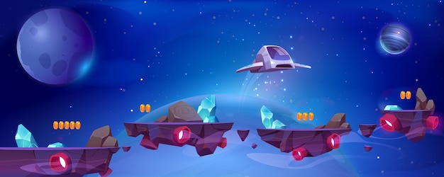 Fondo de juego espacial con nave espacial y plataformas.