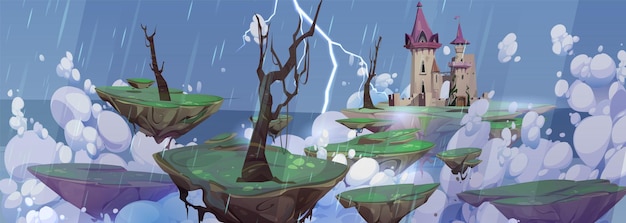 Vector gratuito fondo de juego de lluvia de dibujos animados con castillo de fantasía paisaje aterrador de halloween con tormenta y relámpagos sobre la isla de roca flotante en el cielo castillo mágico espeluznante de drácula con torre en un clima sombrío