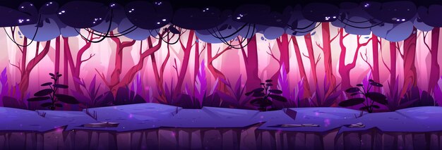 Fondo de juego de paisaje de bosque púrpura sin costuras Escena de entorno de naturaleza de selva de fantasía para una animación de cuento de hadas misterioso Paisaje de corredor de bosque de verano oscuro salvaje para videojuegos de aventuras