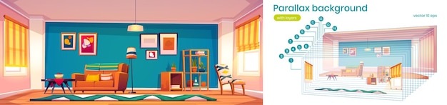 Vector gratuito fondo de juego de paralaje con interior de moderna sala de estar con sofá, estantes y mesa de café. vivienda de dibujos animados 2d u hotel con muebles, diseño de apartamentos en casa capas separadas, ilustración vectorial