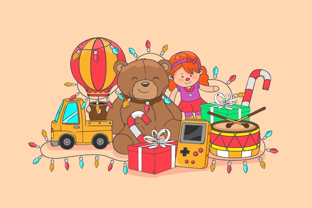 Fondo de juguetes de Navidad dibujados a mano