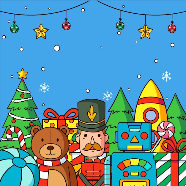Fondo de juguetes de Navidad dibujados a mano