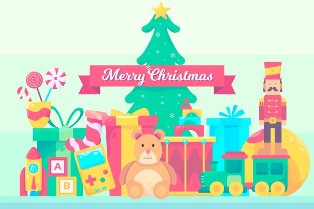 Fondo de juguetes de Navidad en diseño plano