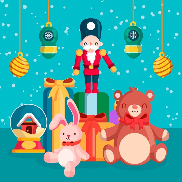 Fondo de juguetes navideños en diseño plano