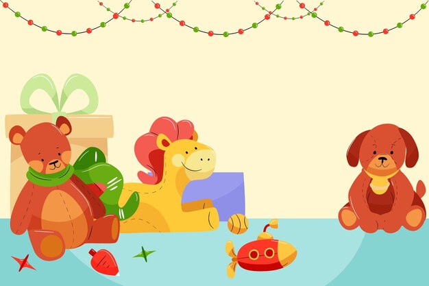 Fondo de juguetes navideños en diseño plano