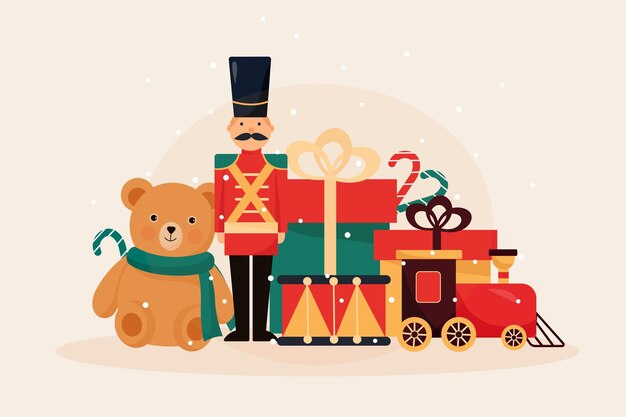 Fondo de juguetes navideños en diseño plano