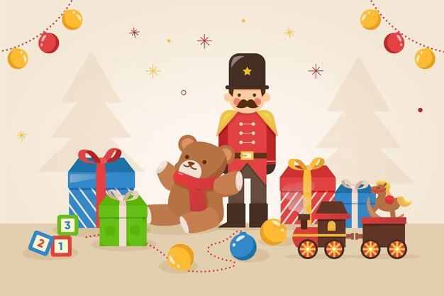 Fondo de juguetes navideños en diseño plano