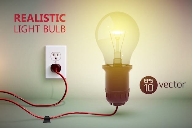 Fondo con lámpara de filamento brillante realista en cable enchufado en bombilla y toma de corriente en ilustración de pared degradada