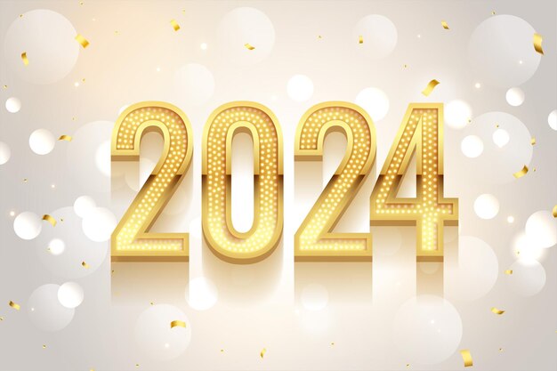 fondo de letras de año nuevo dorado brillante de 2024 con vector de decoración de confeti.