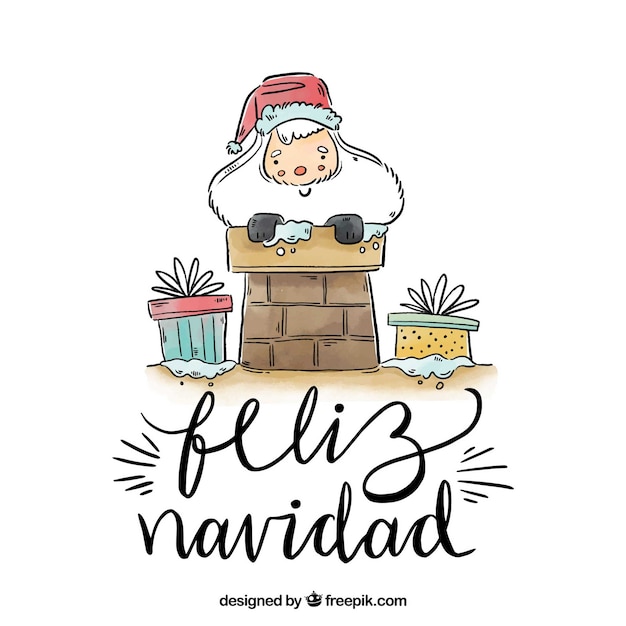 Vector gratuito fondo de lettering de feliz navidad con papa noel en chimenea