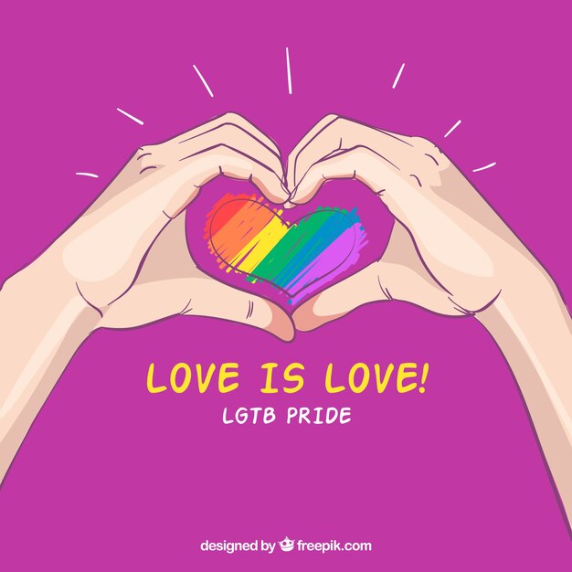 Fondo de lgtb pride dibujado a mano con manos alrededor de corazón