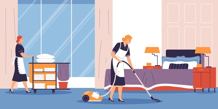 Vector gratuito fondo de limpieza de habitaciones de hotel con símbolos de servicio ilustración vectorial plana