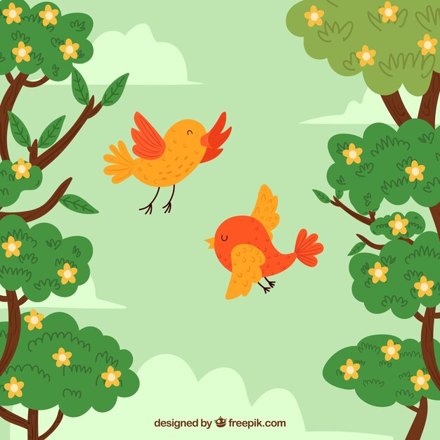 Fondo con lindos pájaros en bosque