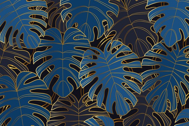 Fondo lineal dorado degradado con hojas de monstera