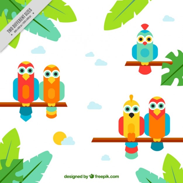 Vector gratuito fondo de loros en la jungla en diseño plano