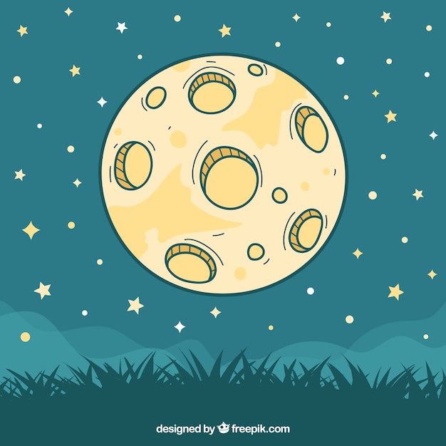 Vector gratuito fondo de luna dibujada a mano con estrellas