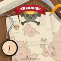 Vector gratuito fondo de madera con brújula y mapa del tesoro pirata